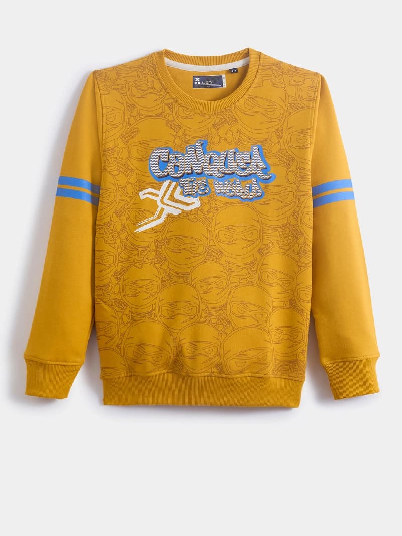 Boys Yellow Casual Slim Fit Printed Full Sleeves Sweatshirt