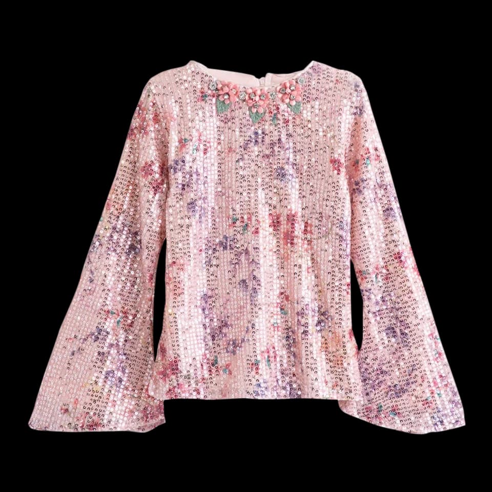 Girls Pink Party Regular Printed Full Sleeves Top