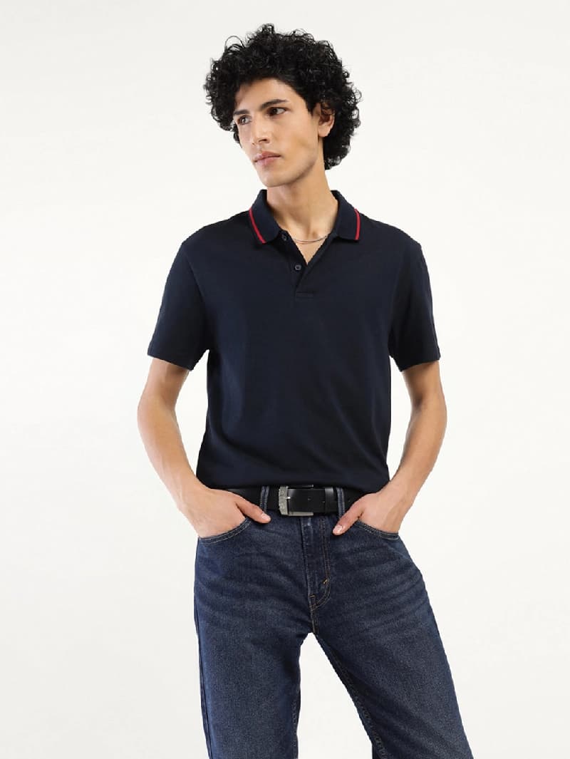 Men's Blue Casual Solid Regular Fit Polo Tshirt