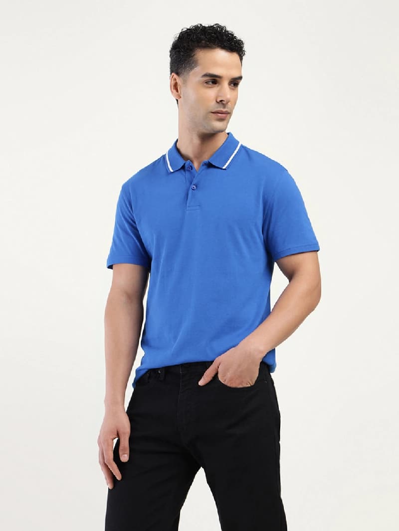 Men's Blue Casual Solid Regular Fit Polo Tshirt