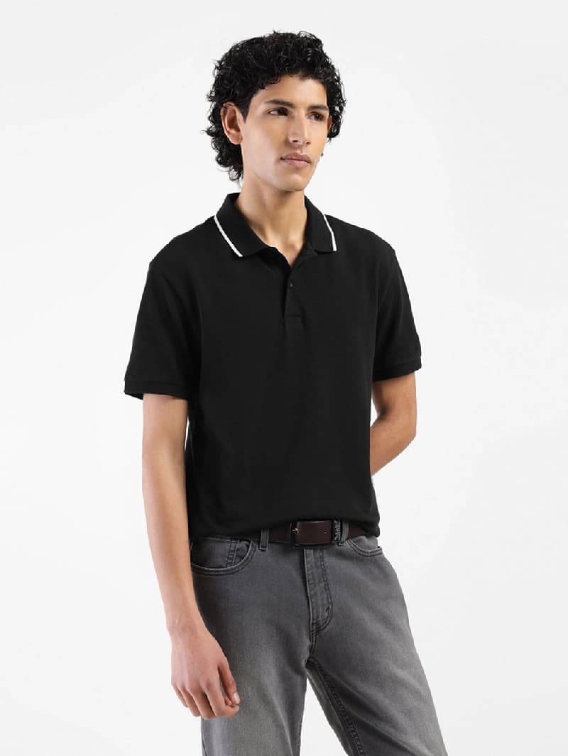 Men's Black Casual Solid Regular Fit Polo Tshirt