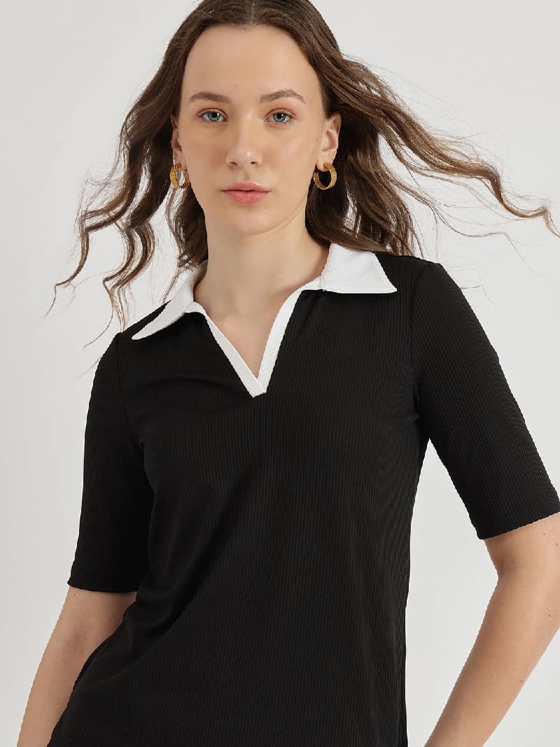Women's Black Casual Solid Regular Fit Polo Tshirt
