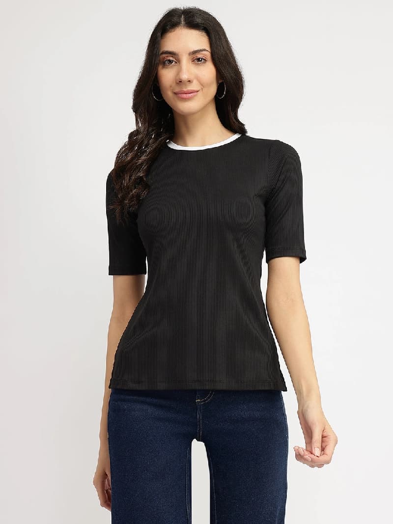 Women's Black Formal Solid Regular Fit Tshirt