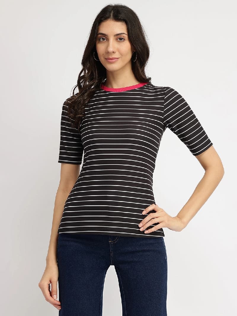 Women's Black Casual Striped Regular Fit Tshirt