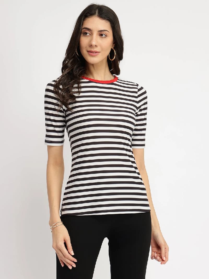 Women's Black Casual Striped Regular Fit Tshirt
