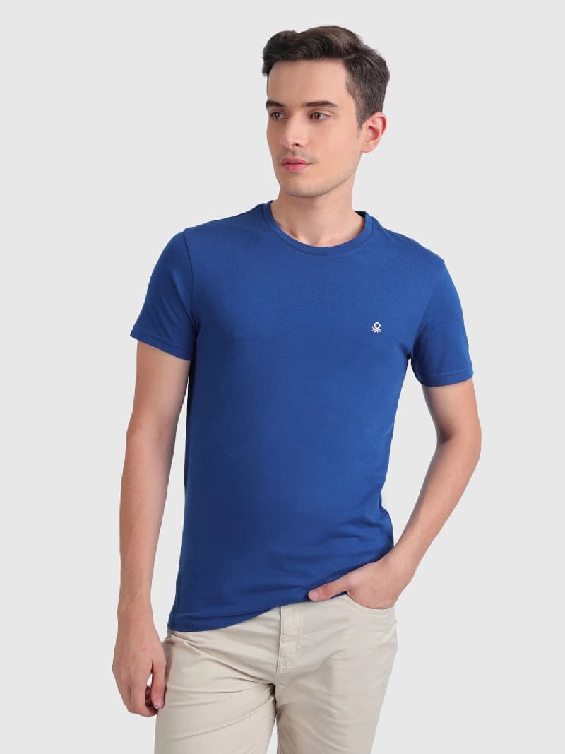 Men's Blue Casual Solid Slim Fit Tshirt