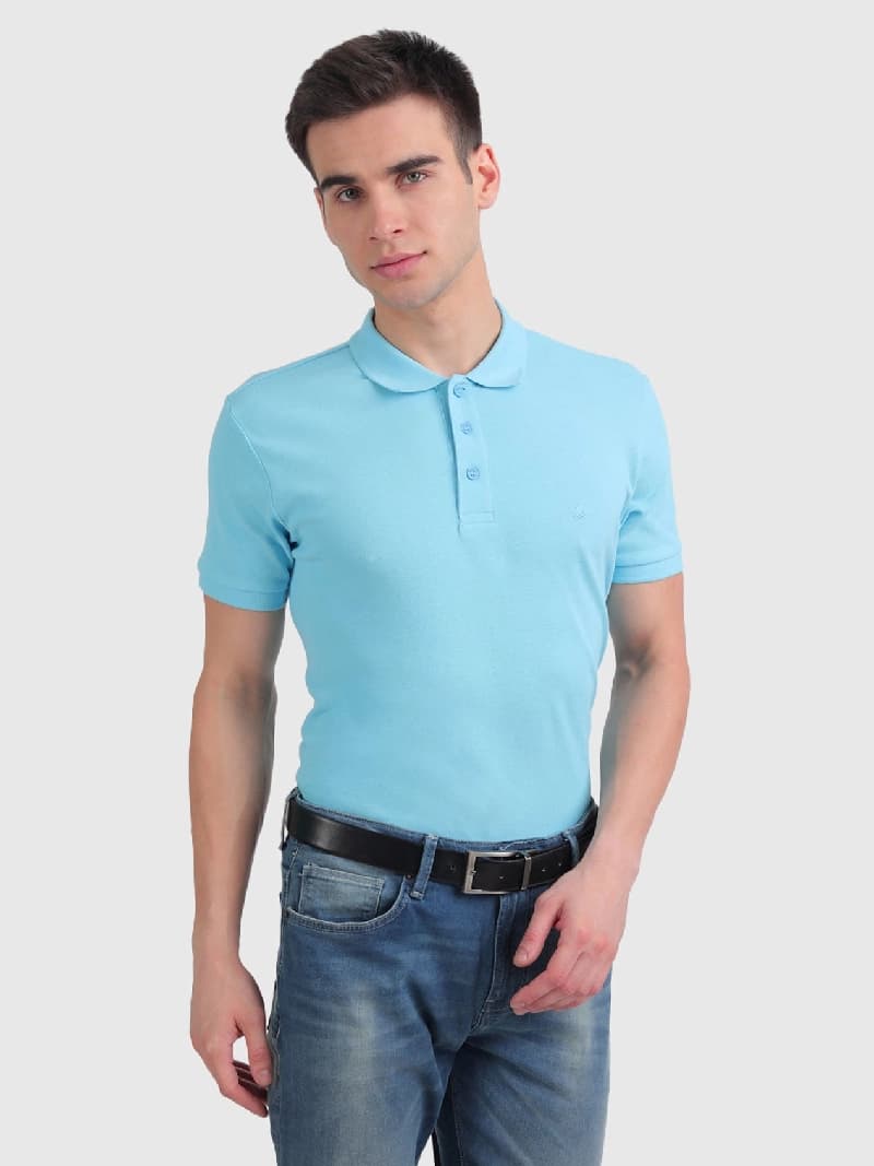 Men's Blue Casual Solid Slim Fit Polo Tshirt