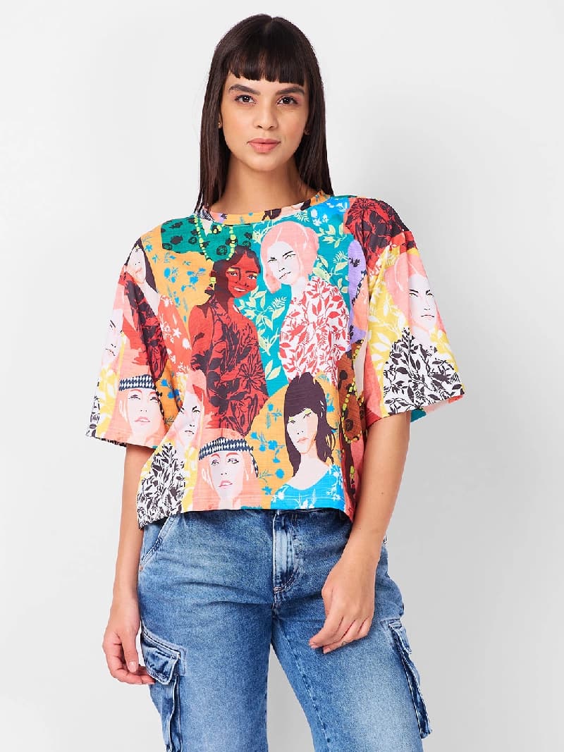 Women's Multicolor Casual Printed Oversized Fit Tshirt