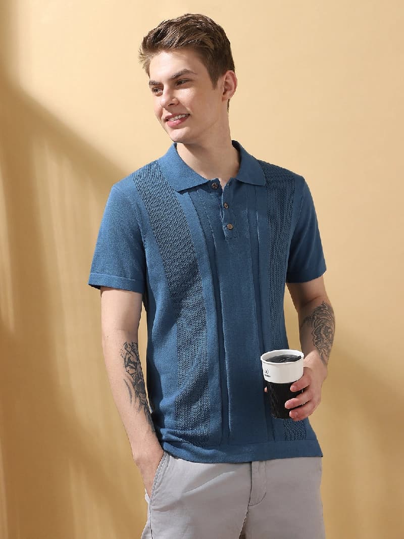 Men's Blue Casual Solid Regular Fit Polo Tshirt