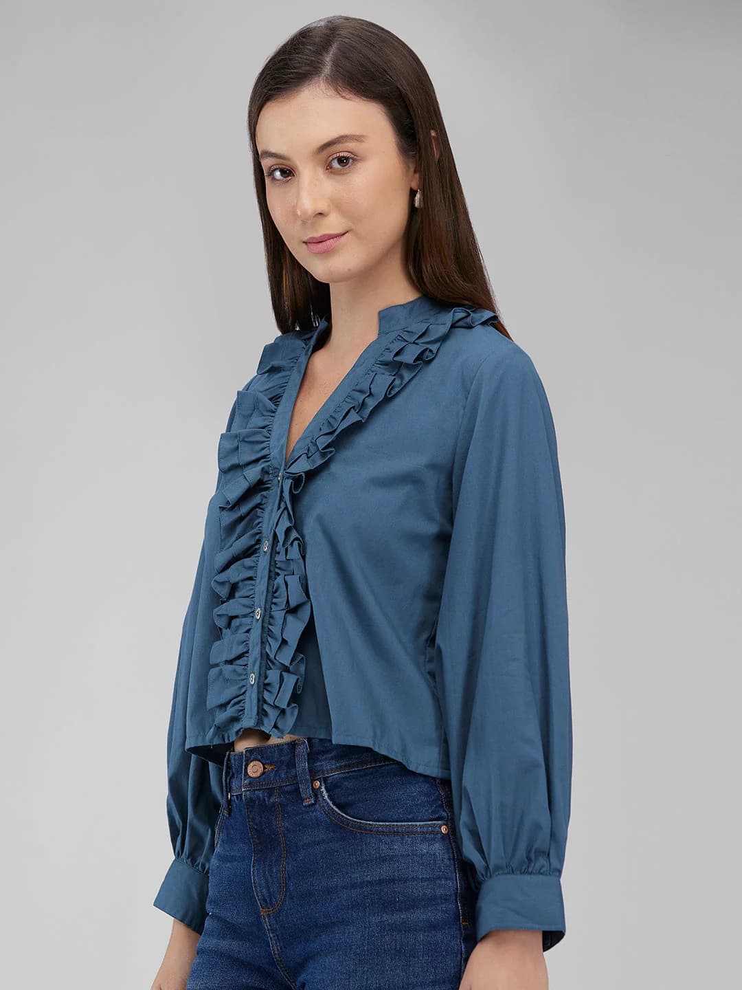 Women's Blue Casual Solid Top