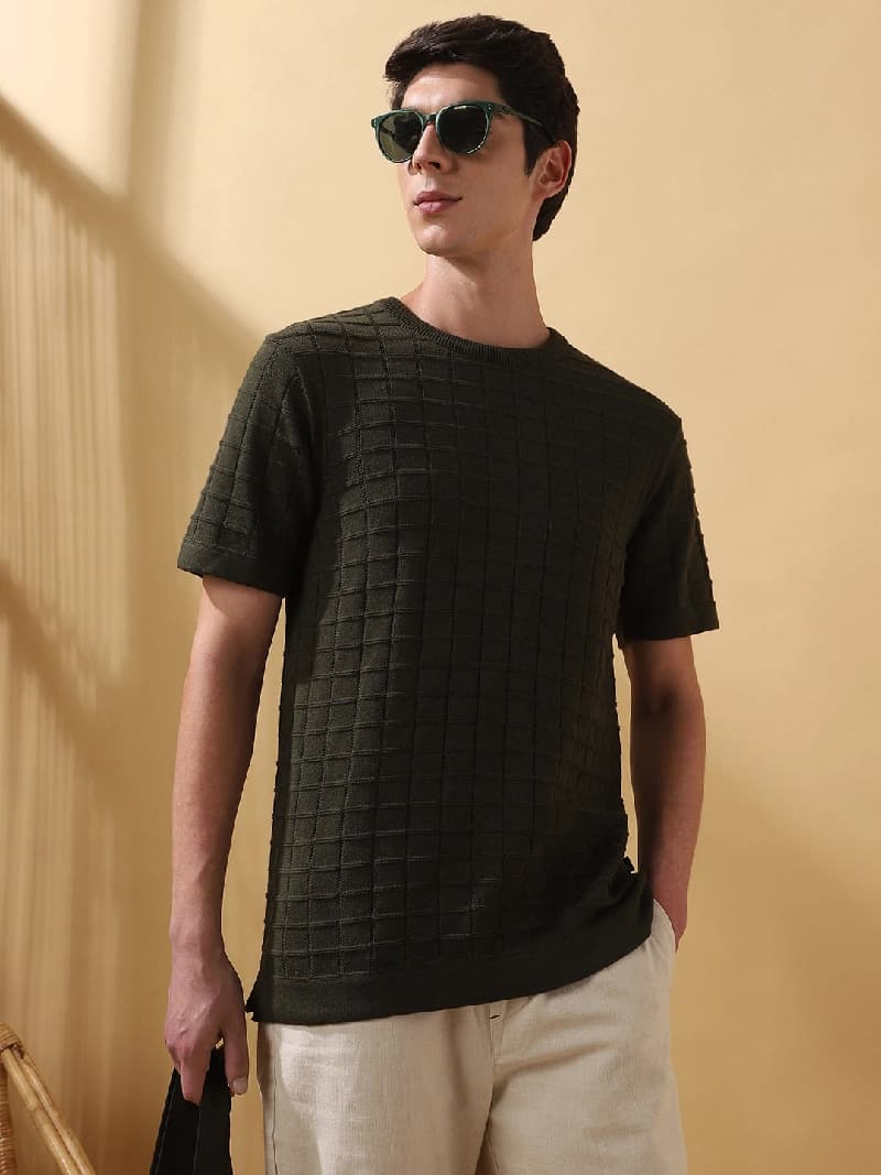Men's Green Casual Solid Regular Fit Tshirt