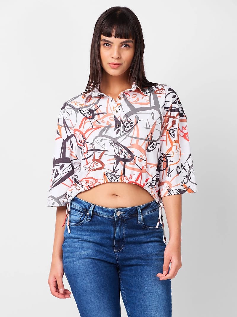 Women's White Casual Printed Oversized Fit Top