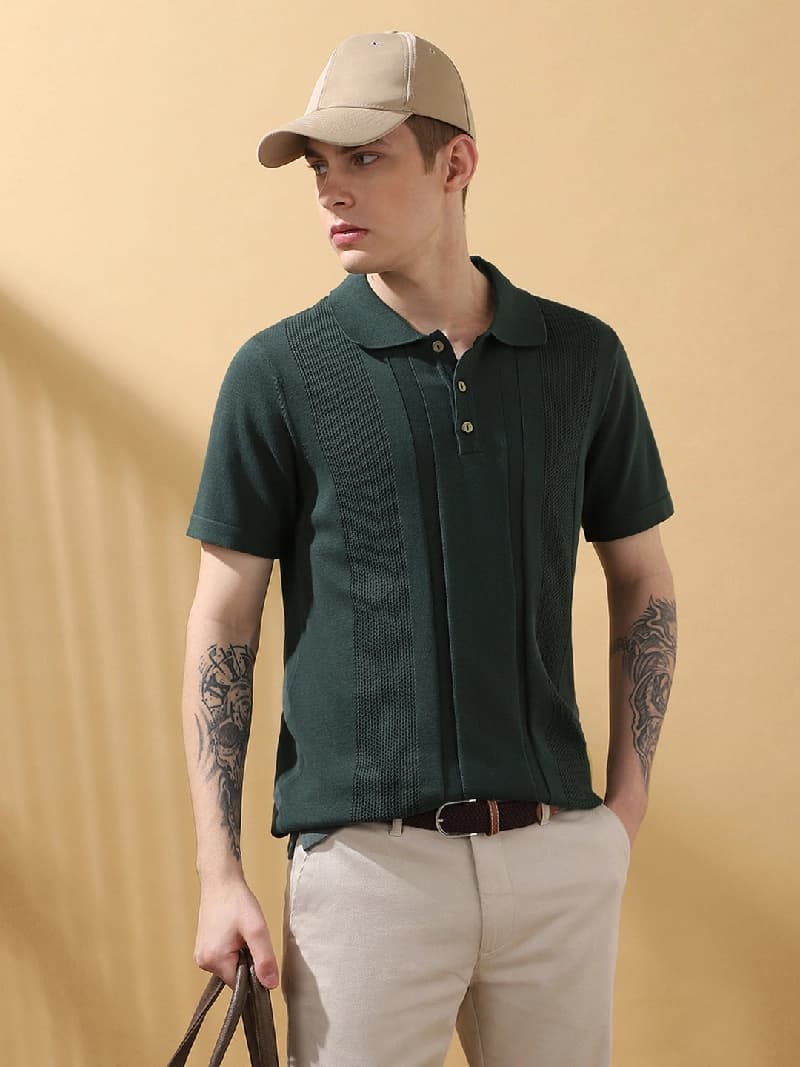 Men's Green Casual Solid Regular Fit Polo Tshirt