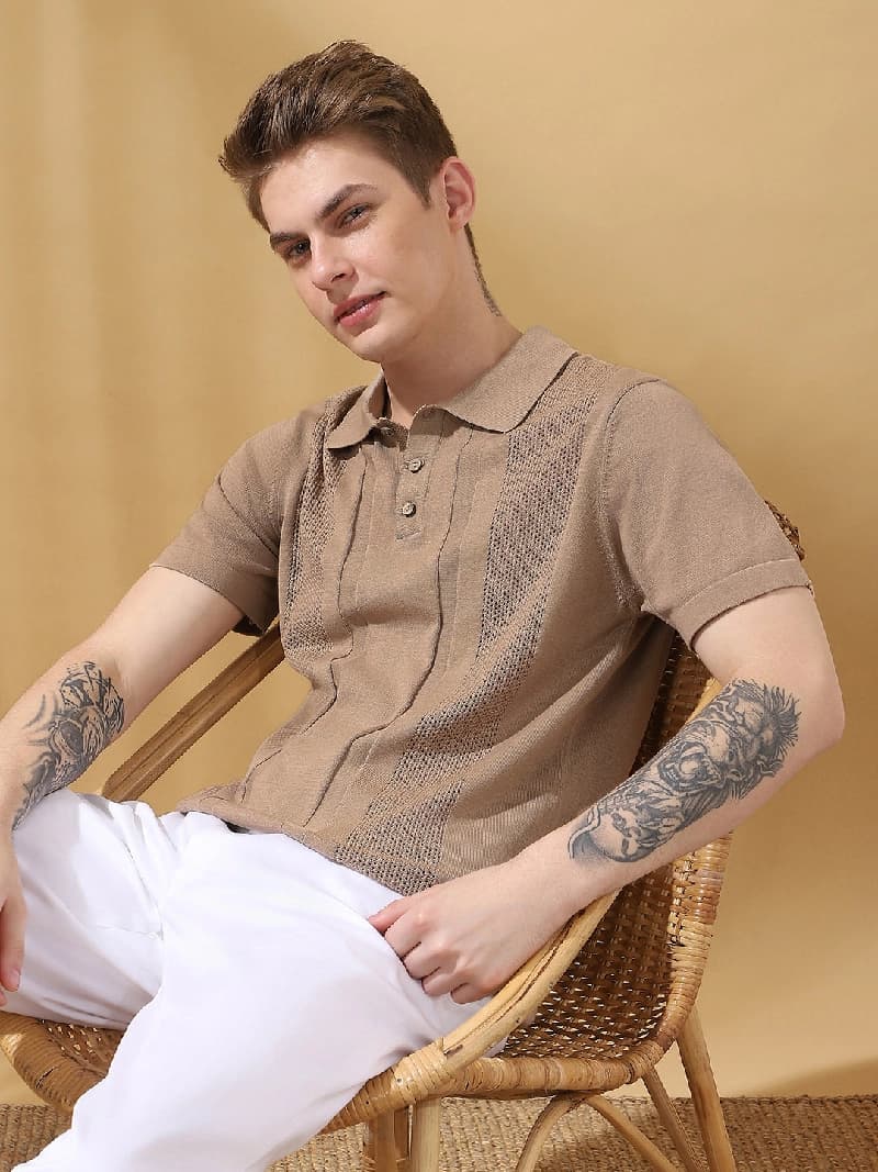 Men's Beige Casual Solid Regular Fit Polo Tshirt