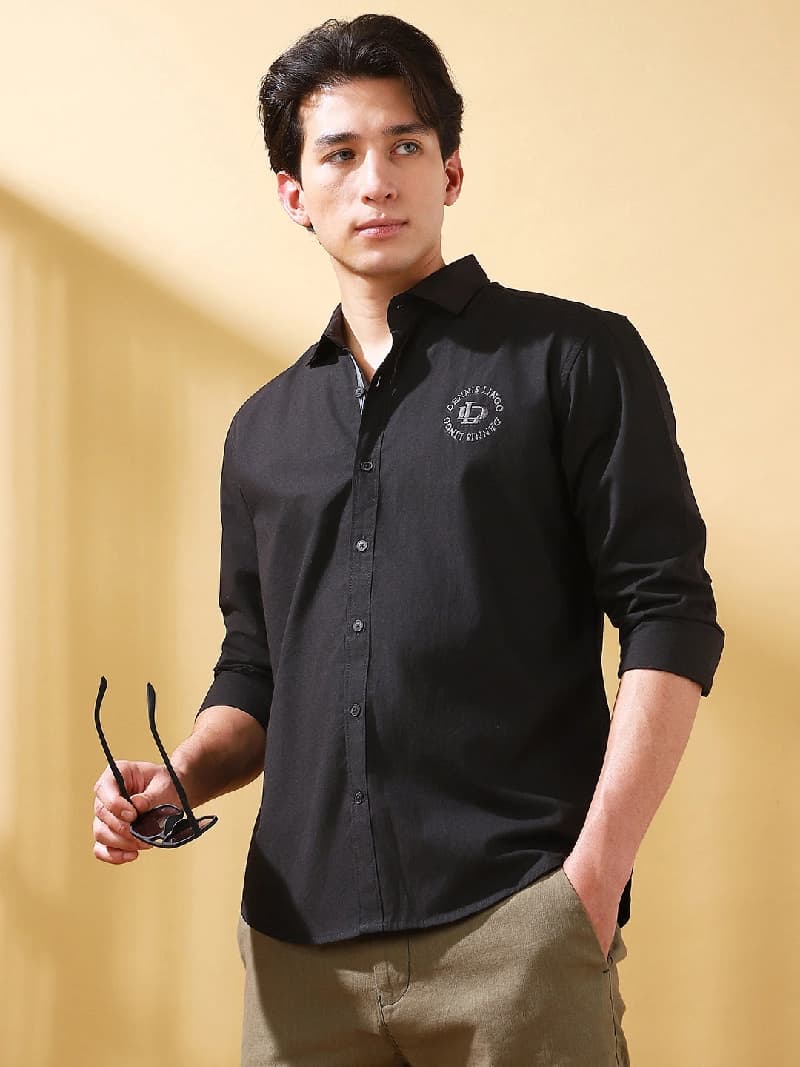 Men's Black Casual Solid Regular Fit Shirt