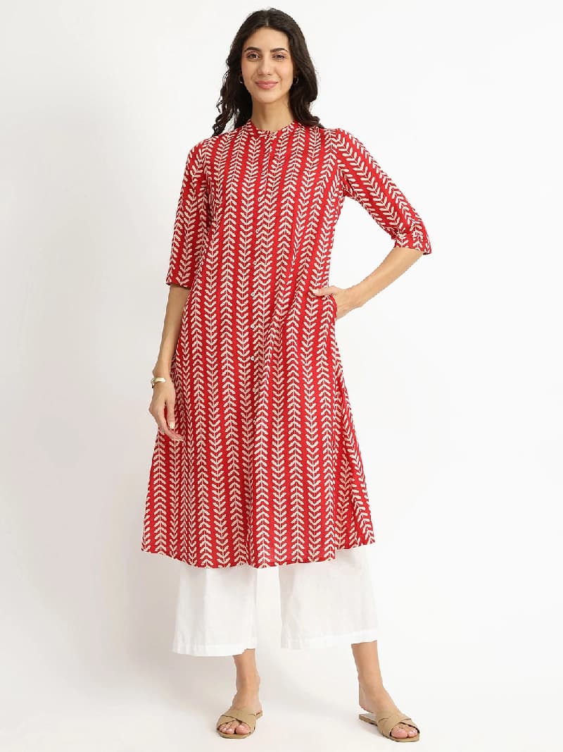Women's Red Casual Striped Kurta