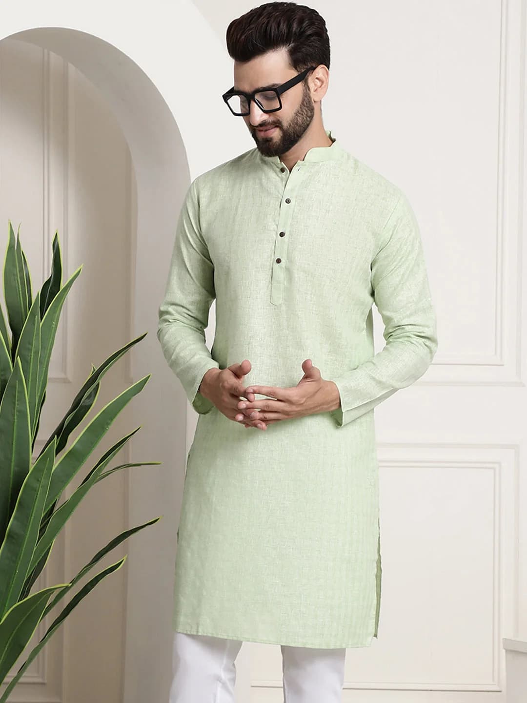 Men's Green Casual Solid Cotton Kurta