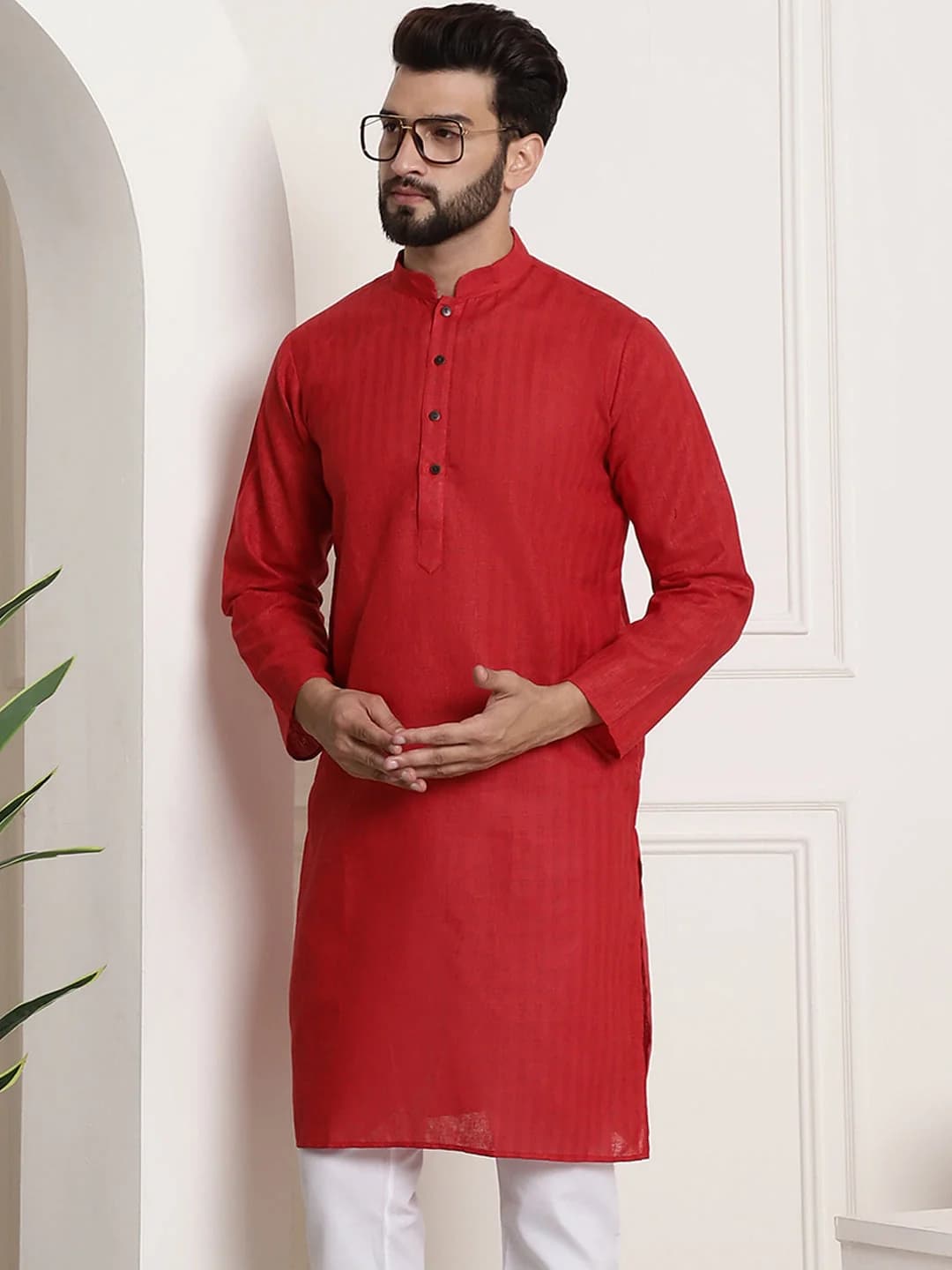 Men's Red Casual Solid Cotton Kurta