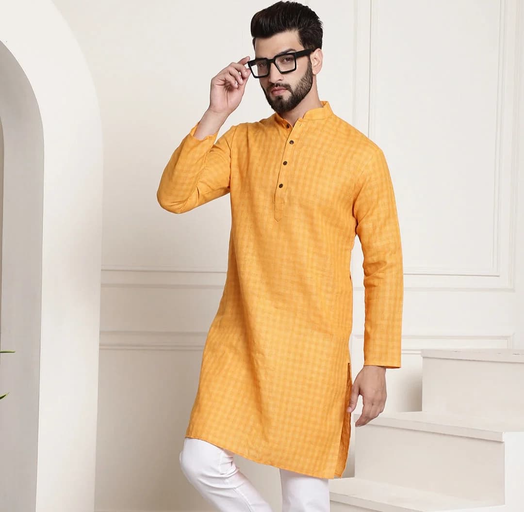 Men's Yellow Casual Solid Cotton Kurta