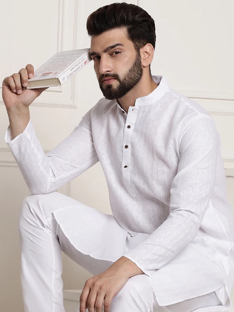 Men's White Casual Solid Cotton Kurta