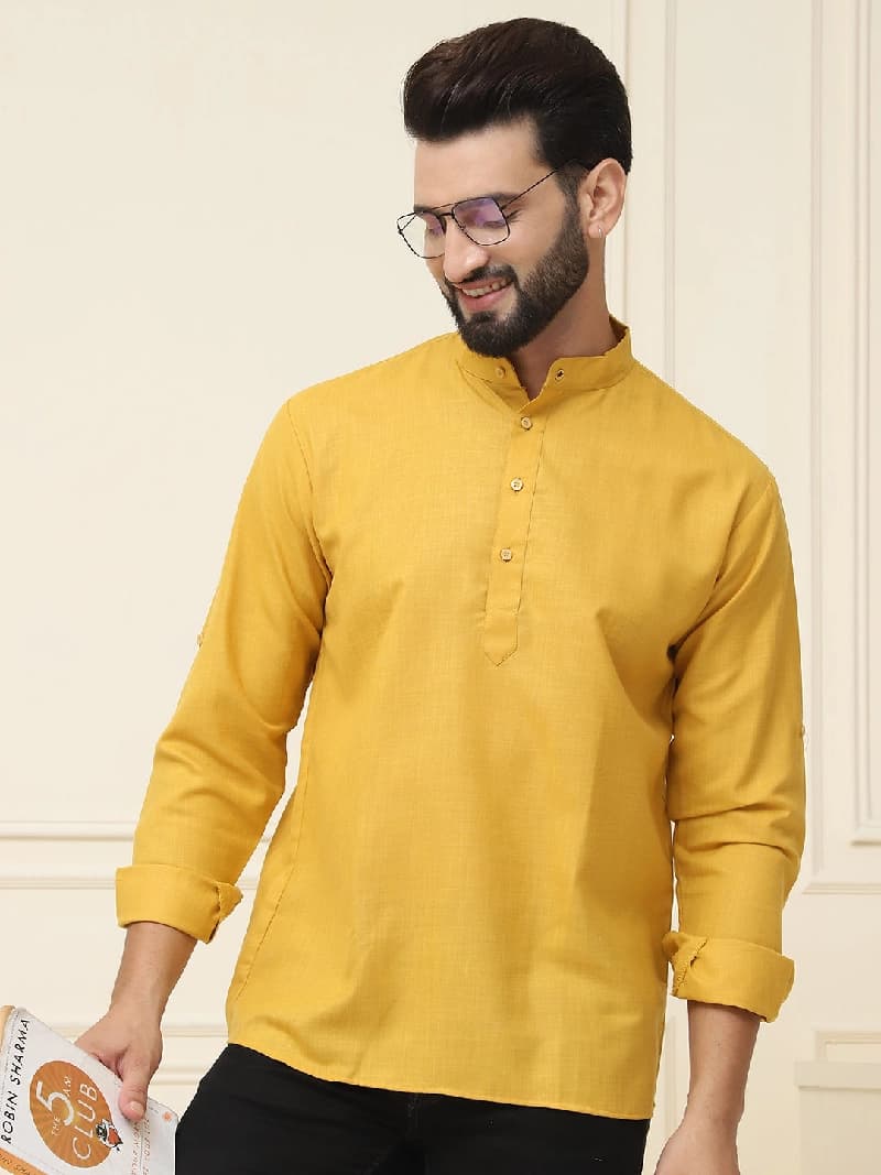 Men's Yellow Casual Solid Full Sleeves Short Kurta