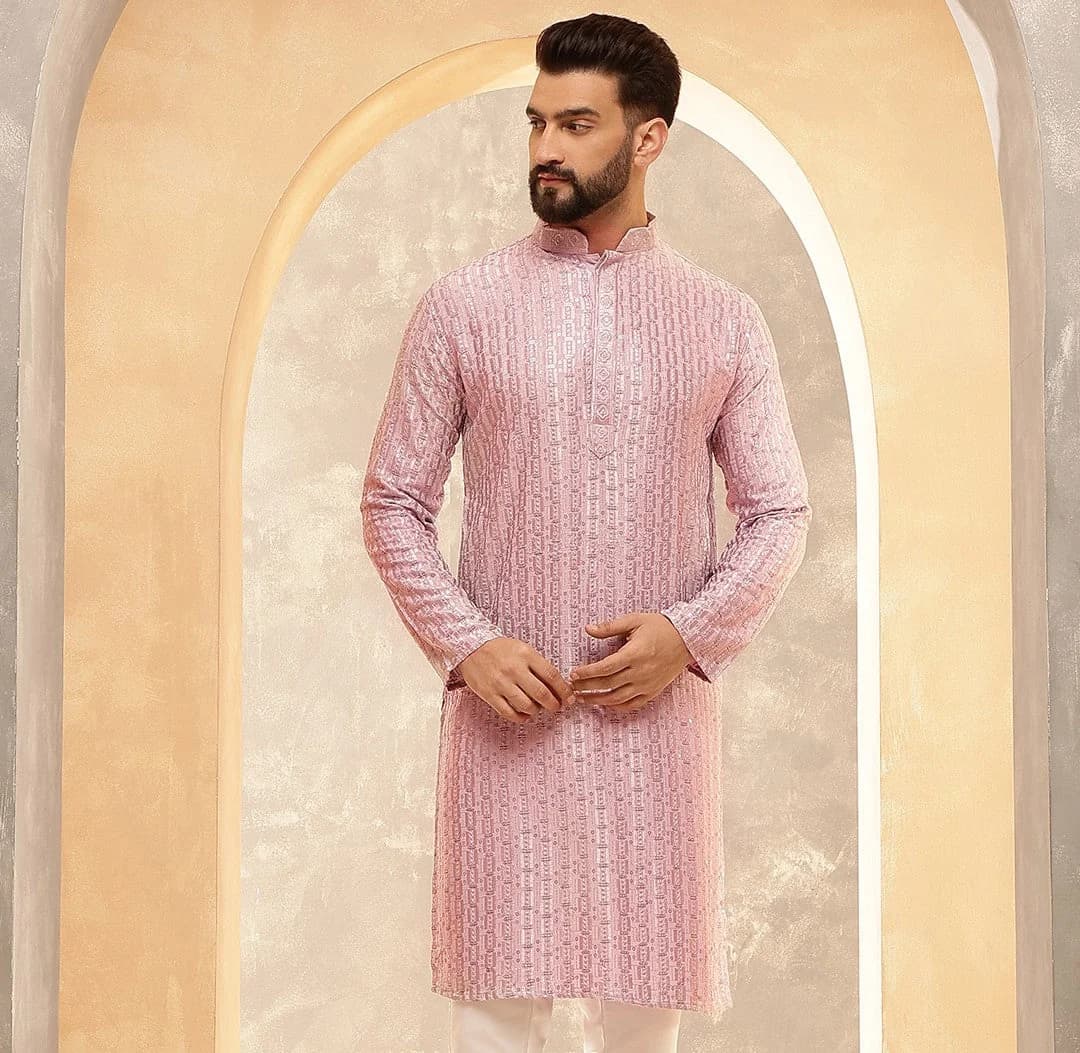 Men's Pink Festive Cotton Kurta