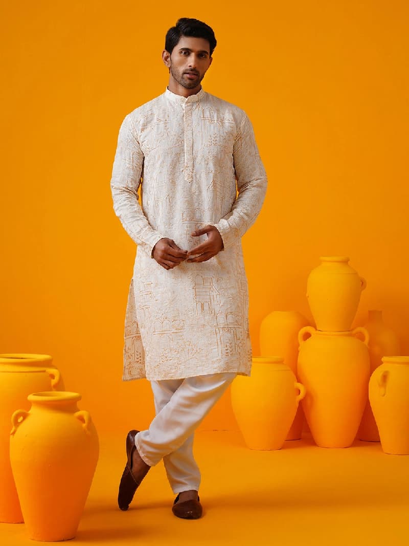 Men's Cream Festive Cotton Kurta
