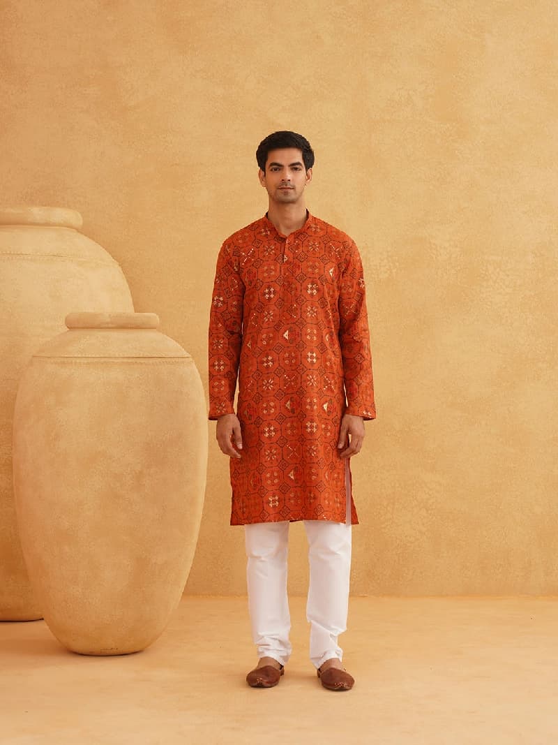 Men's Orange Festive Solid Kurta