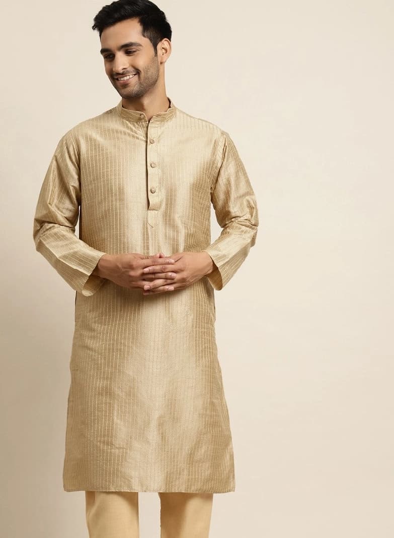 Men's Beige Festive Striped Kurta