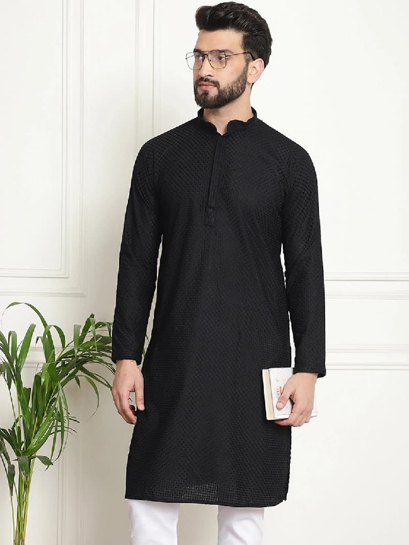 Men's Black Casual Checked Kurta