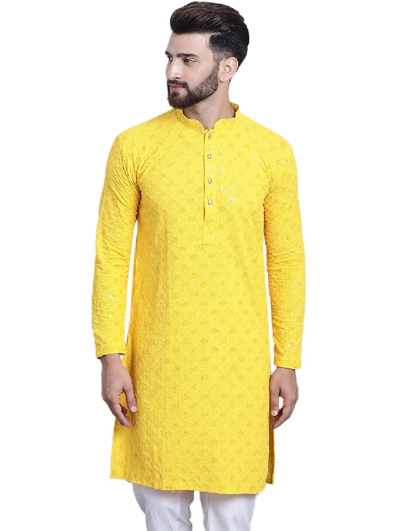 Men's Yellow Casual Cotton Kurta
