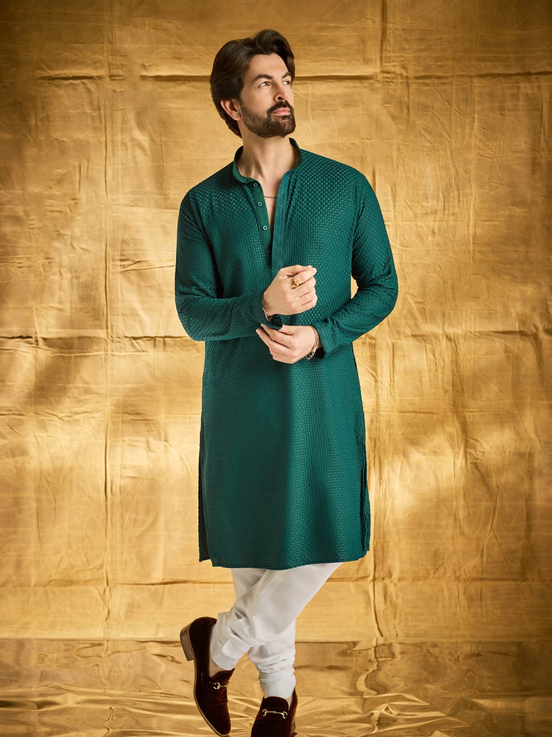Men's Green Casual Checked Kurta