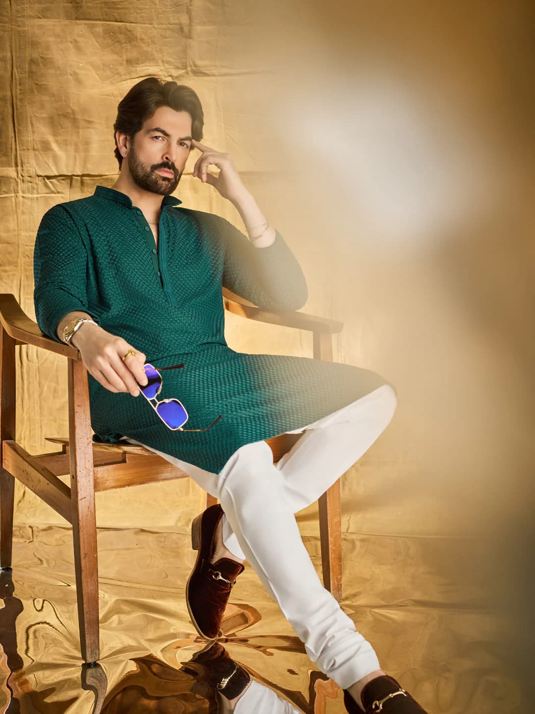 Men's Green Casual Checked Cotton Kurta