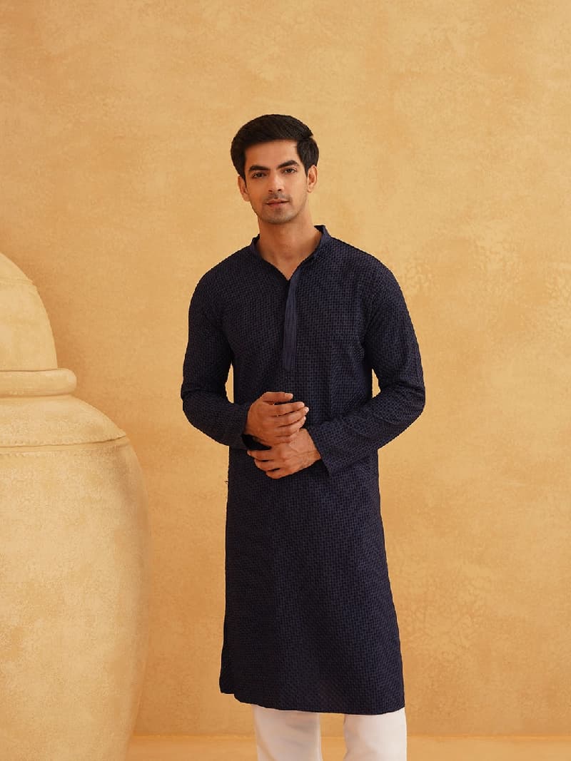 Men's Blue Casual Checked Kurta