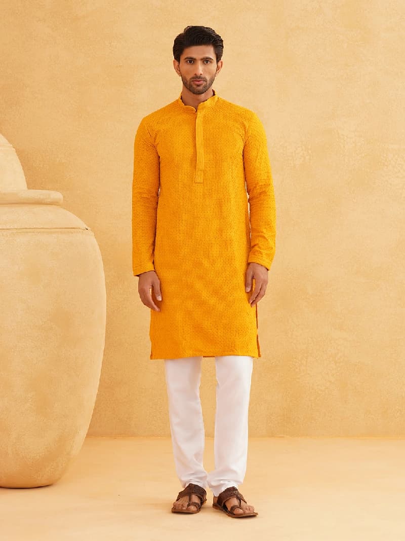 Men's Yellow Casual Checked Kurta