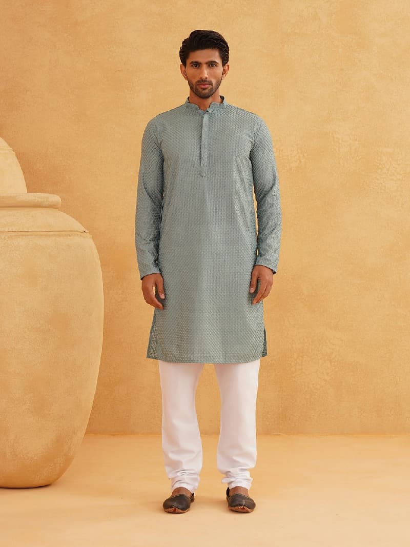 Men's Green Casual Checked Kurta
