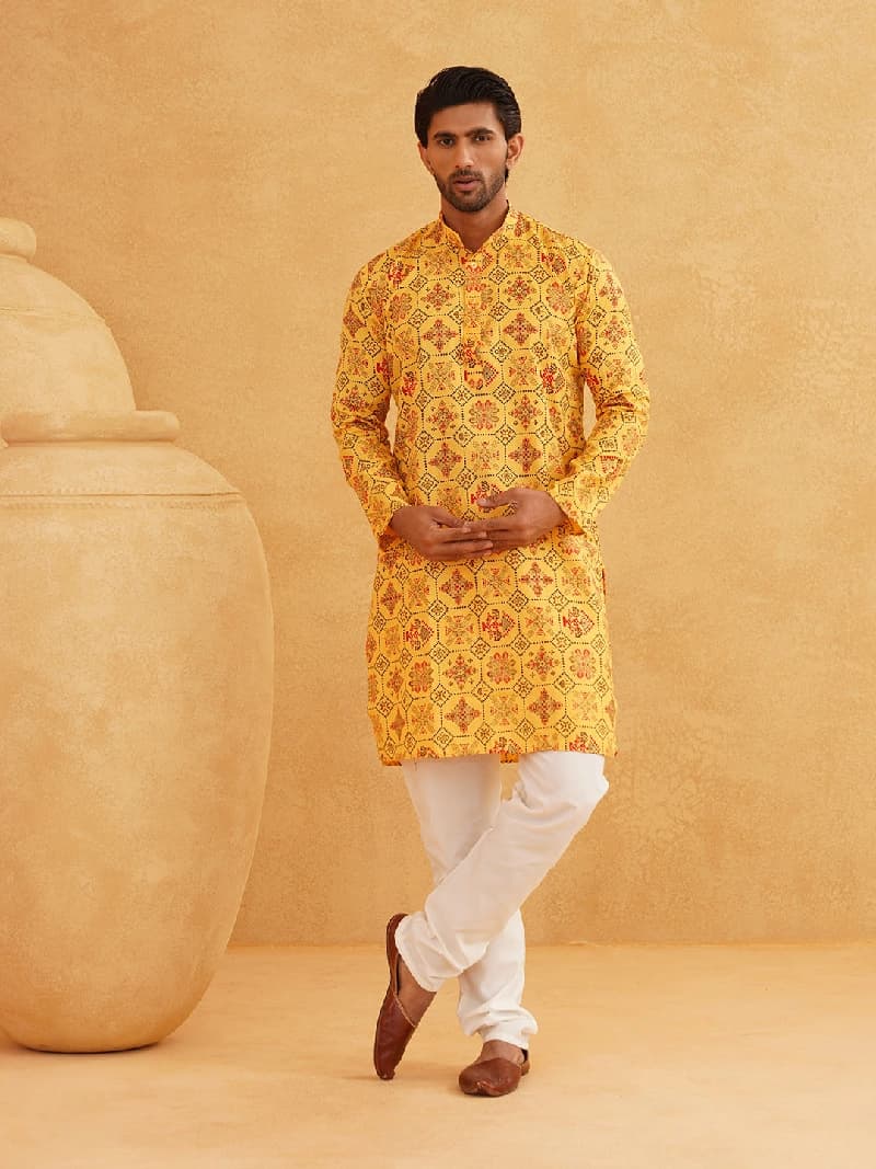 Men's Yellow Festive Solid Kurta