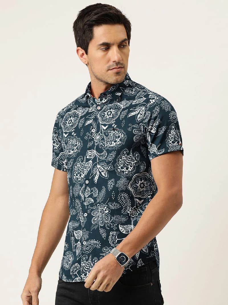 Men's Blue Casual Printed Slim Fit Cotton Shirt