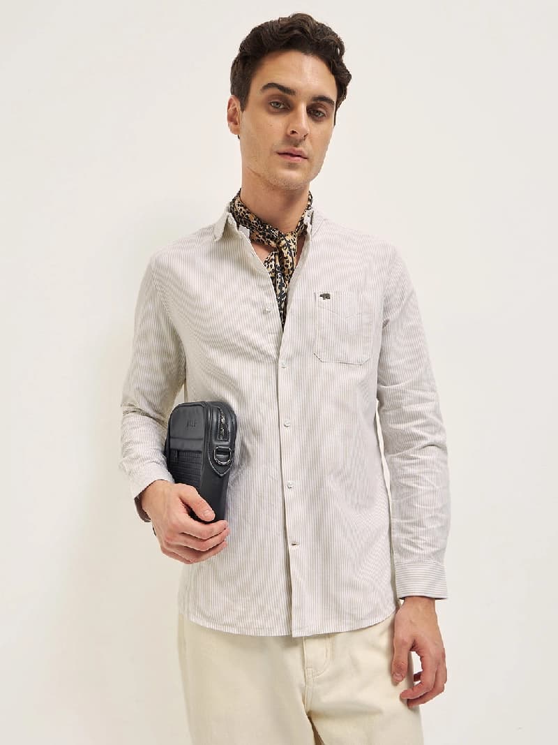 Men's Beige Casual Striped Slim Fit Shirt