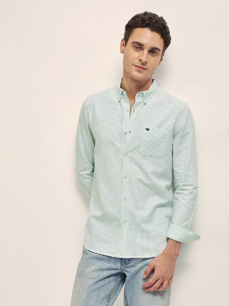 Men's Green Casual Striped Slim Fit Shirt