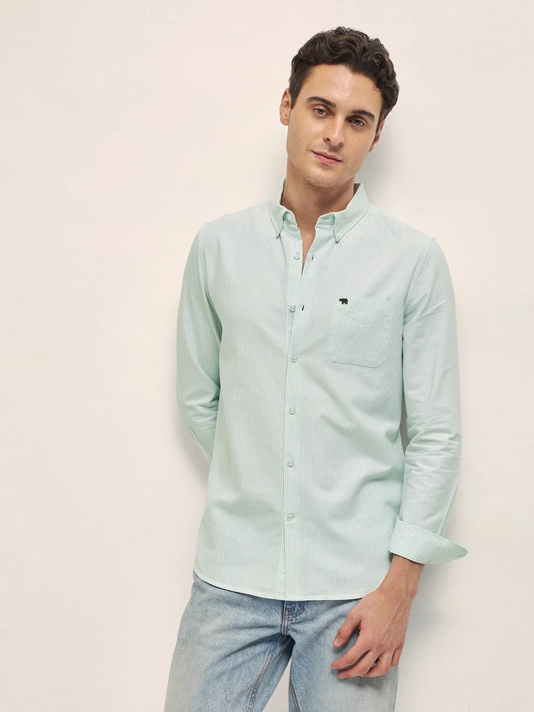 Men's Green Casual Striped Slim Fit Cotton Shirt
