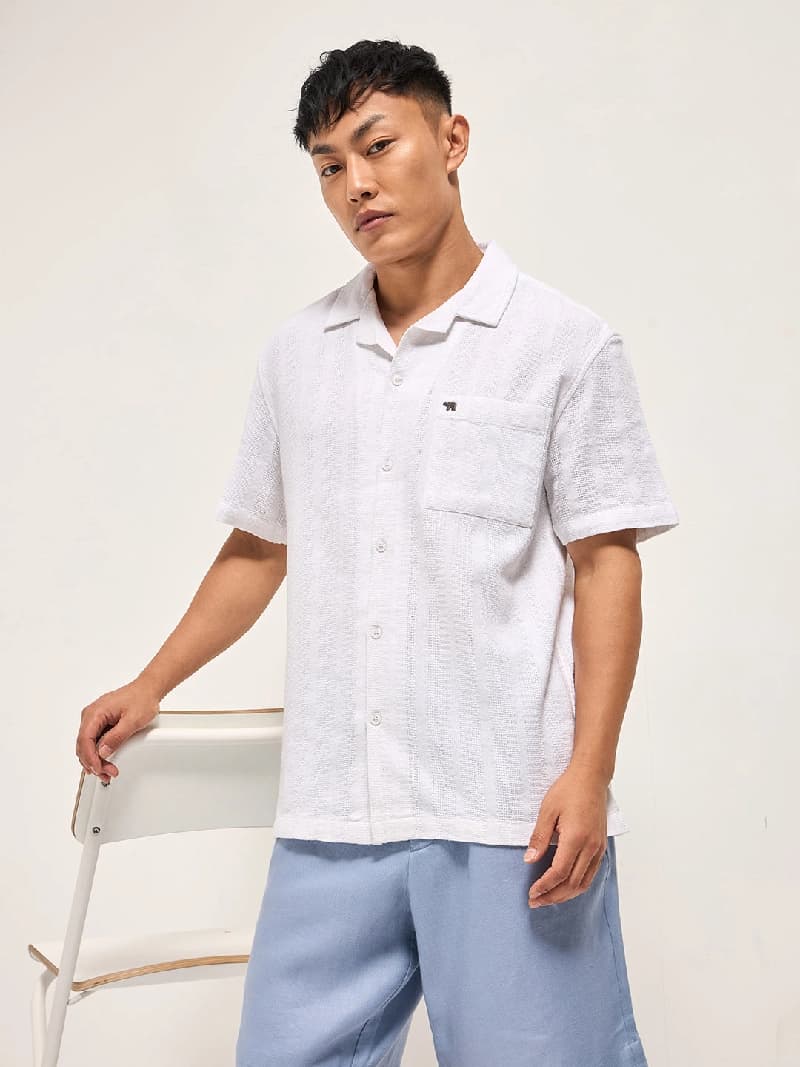 Men's White Casual Striped Regular Fit Shirt