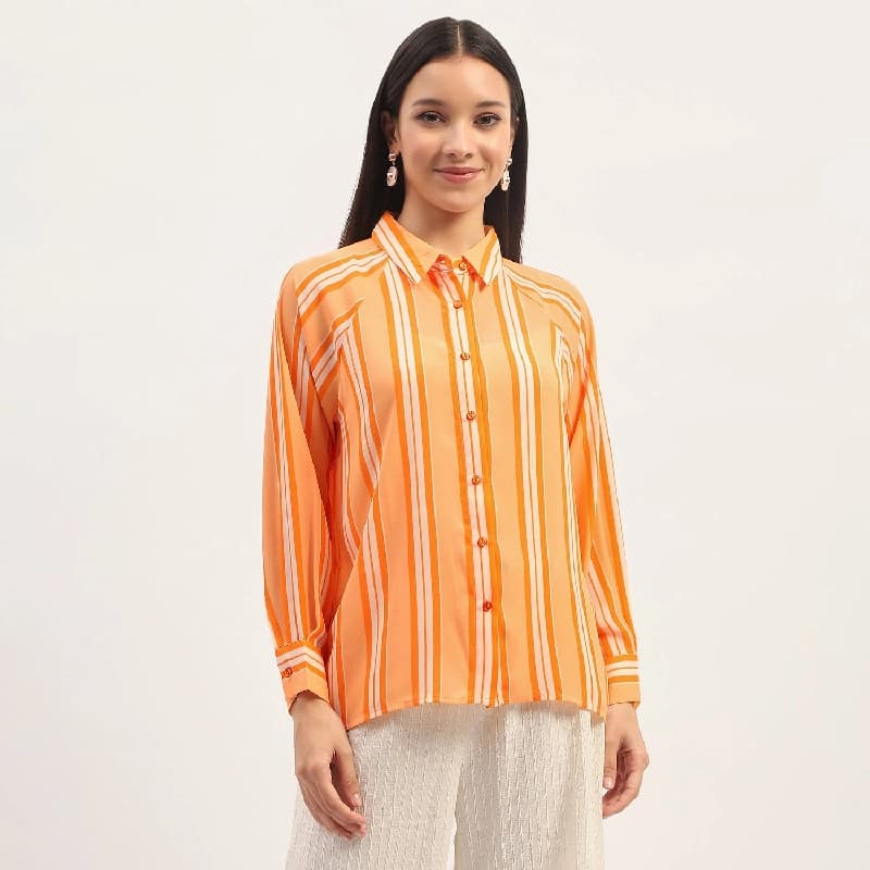 Women's Orange Casual Striped Regular Fit Shirt