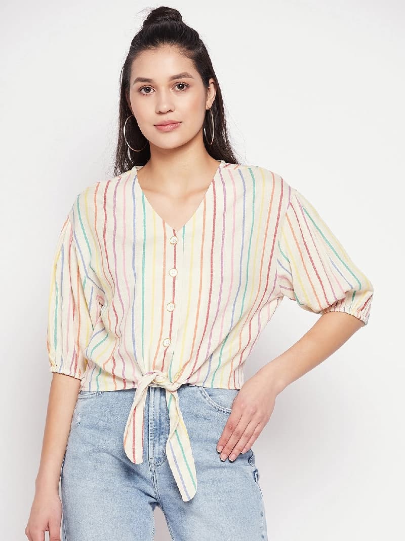 Women's Beige Casual Striped Regular Fit Top
