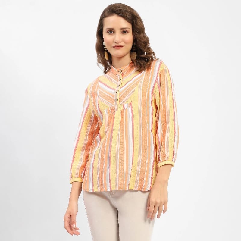 Women's Orange Casual Striped Regular Fit Shirt