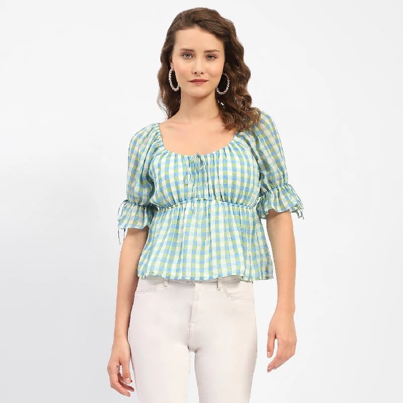 Women's Blue Casual Checked Regular Fit Top
