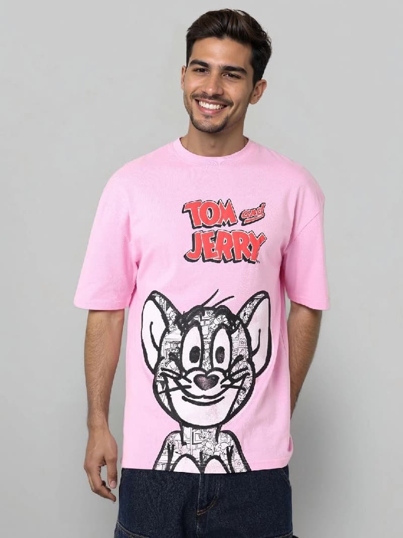 Men's Pink Casual Printed Oversized Fit Tshirt
