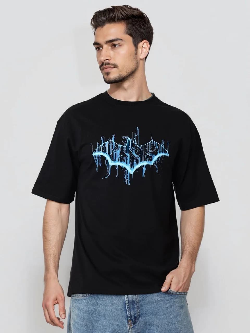 Men's Black Casual Printed Oversized Fit Tshirt