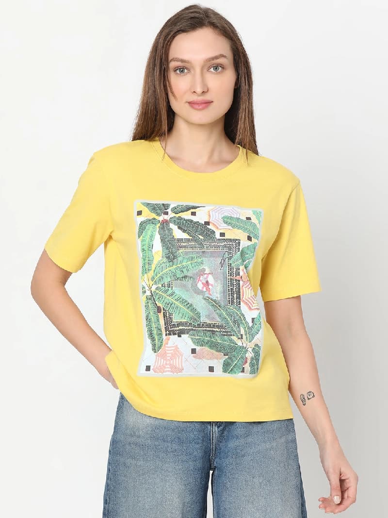 Women's Yellow Casual Printed Regular Fit Tshirt