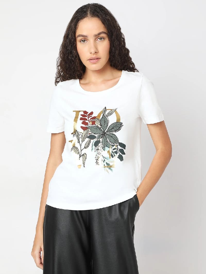 Women's White Casual Printed Regular Fit Tshirt